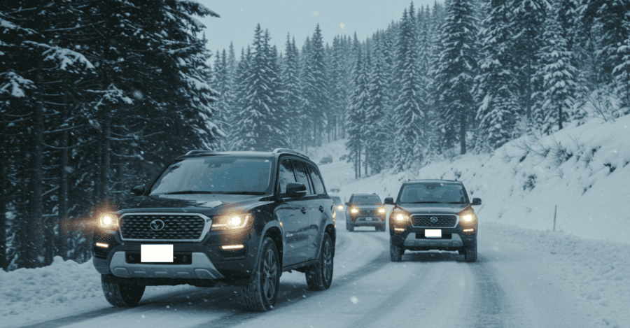 雪道をスタッドレスタイヤで走るSUV